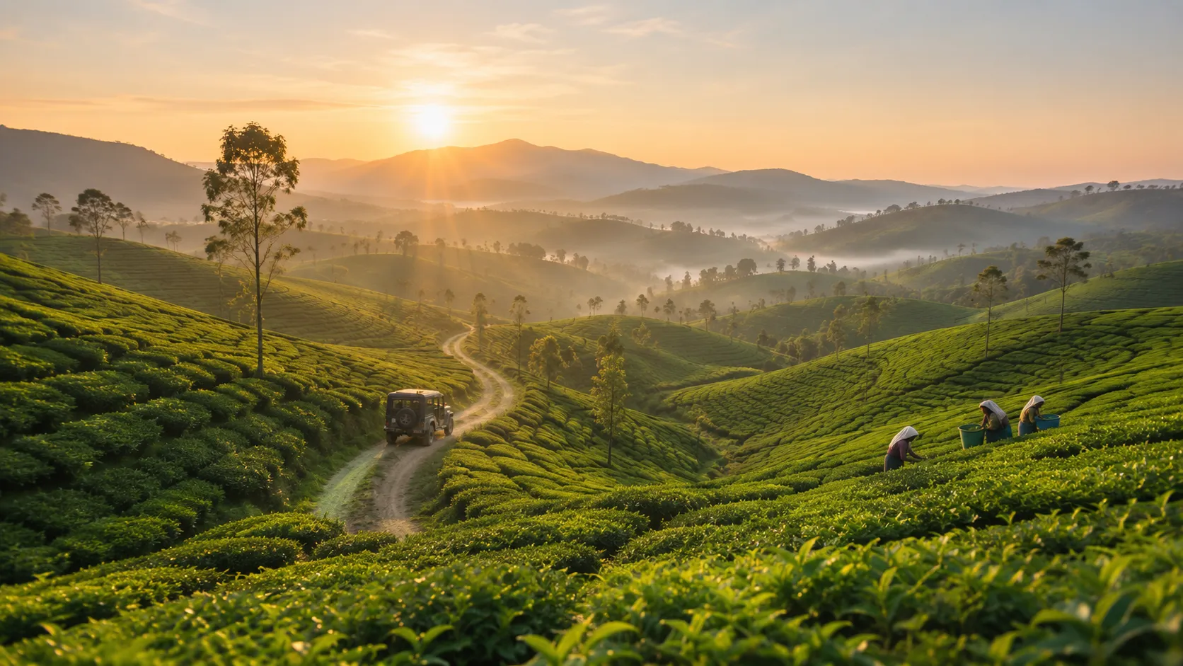 Misty green tea plantation hills in Munnar, Kerala
